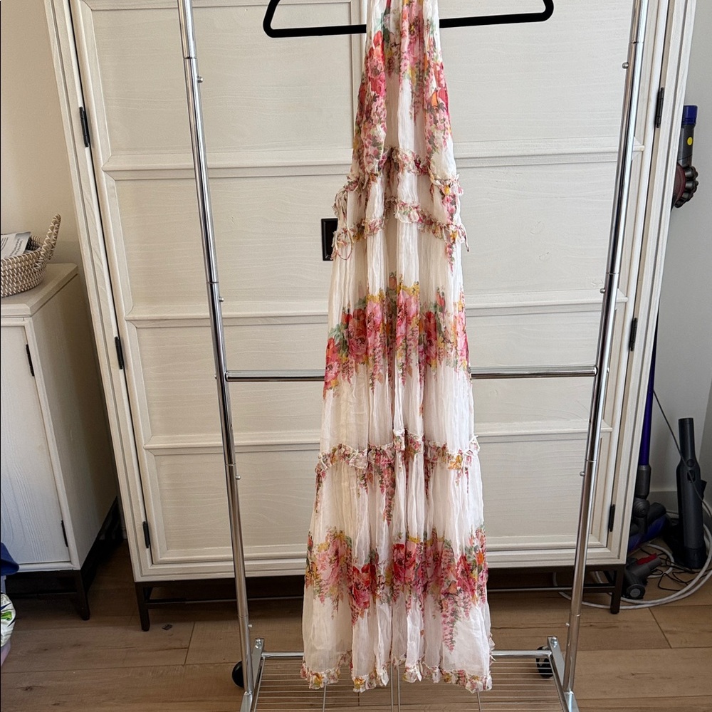 Zimmermann White Floral Halter Tiered Maxi Dress with Red & Green Accents